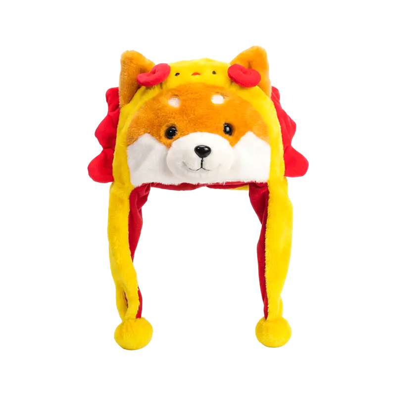 Sárga shiba piros sörényű plüsssapkával